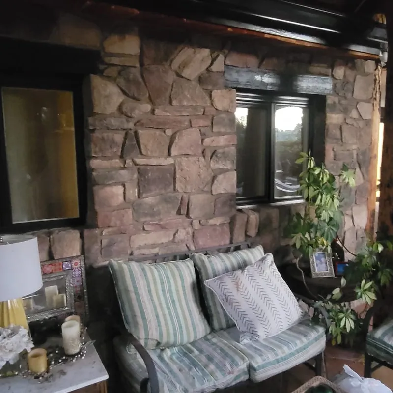 Natural stone veneer wall on a covered porch in Sacramento